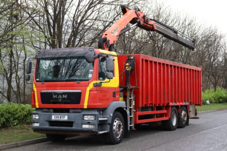 man tgm 26 290 6x2 palfiger pk12000 crane scrap metal carrier truck for sale comvex trucks uk export