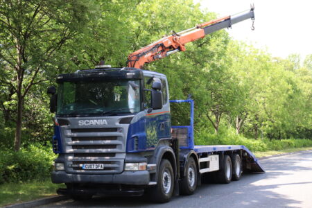 scania r420 8x4 atlas 165.2 crane cheesewedge beavertail truck for sale comvex trucks uk export