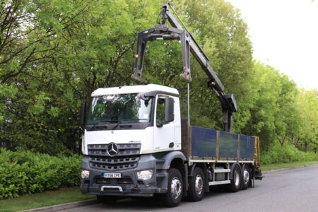 Mercedes arocs 3236 8x2 hiab xs 144 brick crane dropside truck for sale comvex trucks uk export